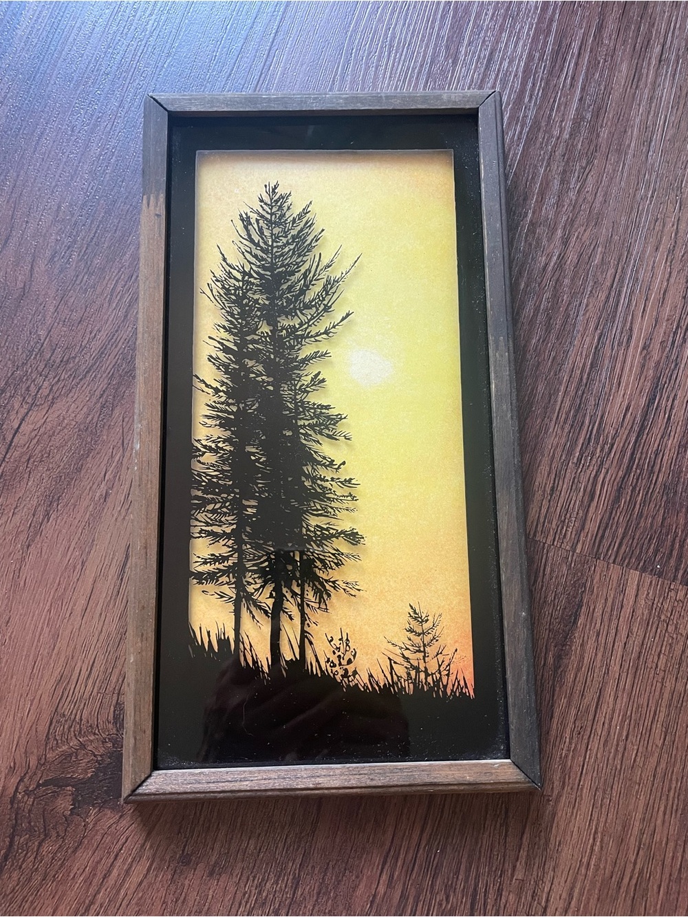 VTG 70s Virgil Thrasher? Pine Tree Lucid Lines Reversed Painted Glass Shadow Box